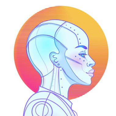 Robot android kadın portresi. Geçmişe dönük fütürizm tarzında. Parlak neon renkli bir sayborgun vektör çizimi. Fütürist sentetik el ilanı şablonu. Siber teknoloji. Afrikalı Amerikan tarzı..