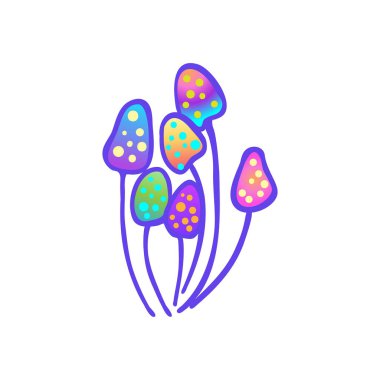 Sihirli mantarlar. Psikedelik halüsinasyon. Canlı vektör çizimi beyaza izole edildi. 60 'ların renkli renkli renkli renkli canlı asit renkleri. Etiket, yama, poster grafik tasarımı.