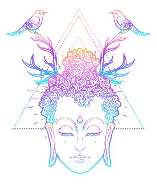 Buda 'nın yüzü mandala şeklinin üzerinde. Esrarengiz klasik vektör çizimi. Hint, Budizm, ruhani sanat. Hippi dövmesi, ruhanilik, Tayland tanrısı, yetişkinler için yoga zen boyama kitabı sayfaları.