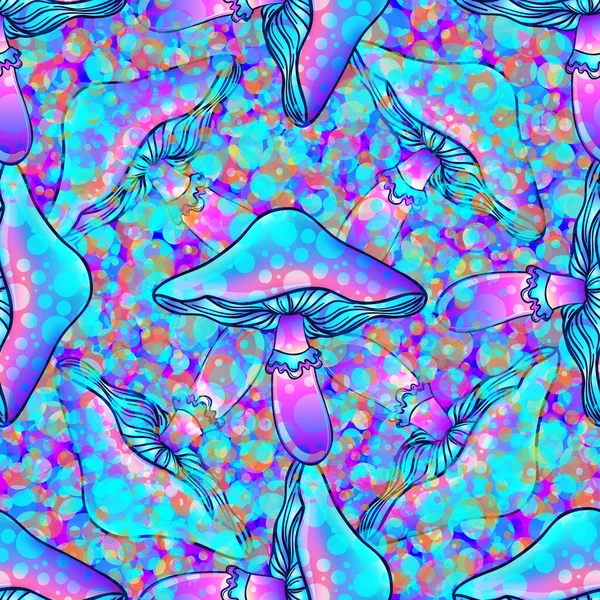 Magische Paddenstoelen Naadloos Patroon Psychedelische Hallucinatie Levendige Vectorillustratie Zestiger Jaren — Stockvector