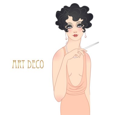 Art Deco, flapper Girl 'ün klasik çizimi. 1920 'lerin modası geçmiş parti karakteri. Büyüleyici olay veya caz partisi için vektör tasarımı.