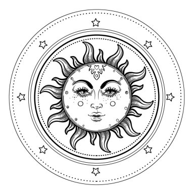 Sun and Triple moon pagan Wicca moon goddess symbol. Three faced Goddess, Maiden, Mother, Crone isolated vector illustration. Tattoo, astrology, alchemy, boho and magic symbol. Coloring book..