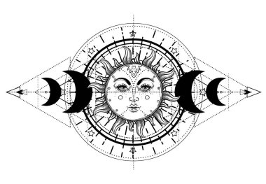 Sun and Triple moon pagan Wicca moon goddess symbol. Three faced Goddess, Maiden, Mother, Crone isolated vector illustration. Tattoo, astrology, alchemy, boho and magic symbol. Coloring book..