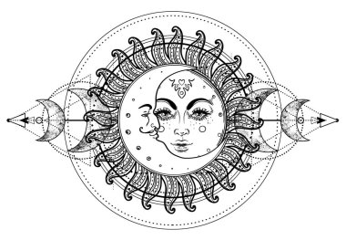 Sun and Triple moon pagan Wicca moon goddess symbol. Three faced Goddess, Maiden, Mother, Crone isolated vector illustration. Tattoo, astrology, alchemy, boho and magic symbol. Coloring book..