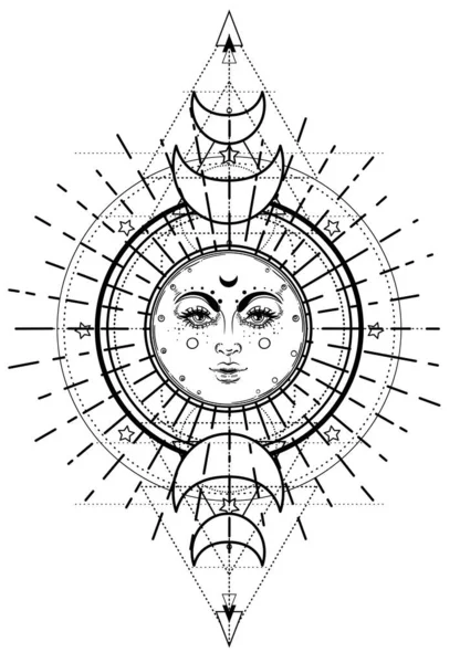 Sun Triple Moon Pagan Wicca Moon Goddess Symbol Three Faced — Stok Vektör