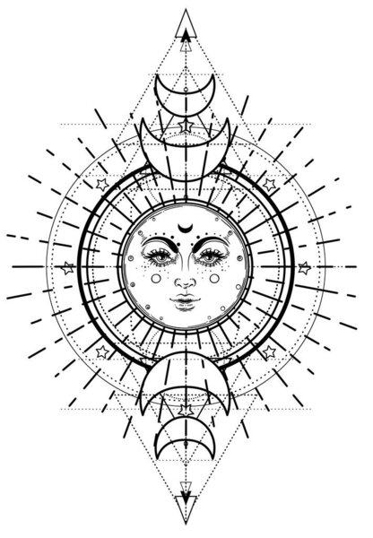 Символ лунной богини солнца и тройной луны. Три лица Богини, Девы, Матери, Crone изолированные векторные иллюстрации. Татуировка, астрология, алхимия, бохо и магический символ. Раскраска..