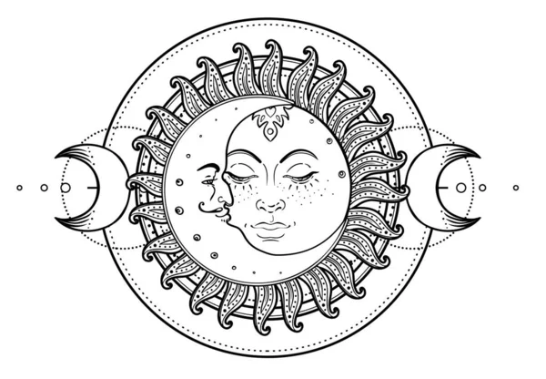 Ήλιος Και Τριπλό Φεγγάρι Παγανιστική Wicca Φεγγάρι Σύμβολο Θεά Τρεις — Διανυσματικό Αρχείο