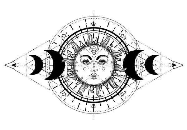 Sun Triple Moon Pagan Wicca Moon Goddess Symbol Three Faced — Stock Vector