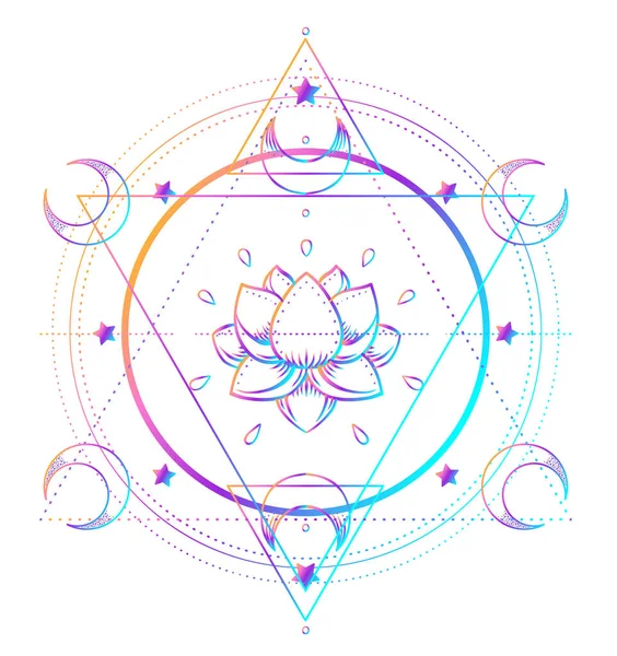 神圣的几何和Boo符号集 Ayurveda是和谐与平衡的象征 纹身设计 瑜伽标志 T恤纺织品 彩色彩虹在黑色之上的渐变 — 图库矢量图片