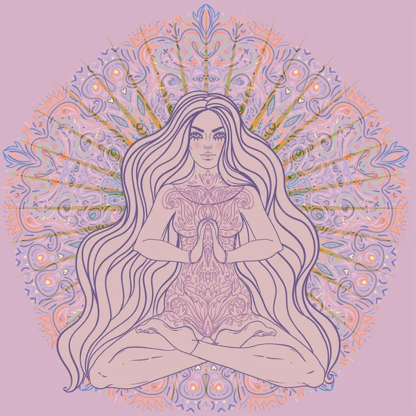 Beautiful Girl Sitting Lotus Position Ornate Colorful Mandala Background Vector — Vector de stock