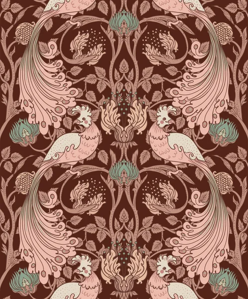 Floral vintage seamless pattern wit birds for retro wallpapers. Enchanted Vintage Flowers. Arts and Crafts movement inspired. Design for wrapping paper, wallpaper, fabrics and fashion clothes.