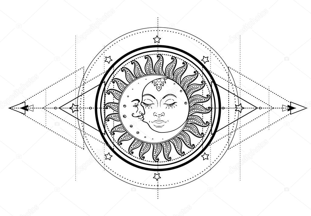 Sun and Triple moon pagan Wicca moon goddess symbol. Three faced Goddess, Maiden, Mother, Crone isolated vector illustration. Tattoo, astrology, alchemy, boho and magic symbol. Coloring book..