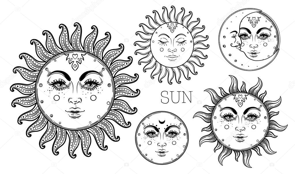 Sun and Triple moon pagan Wicca moon goddess symbol. Three faced Goddess, Maiden, Mother, Crone isolated vector illustration. Tattoo, astrology, alchemy, boho and magic symbol. Coloring book..