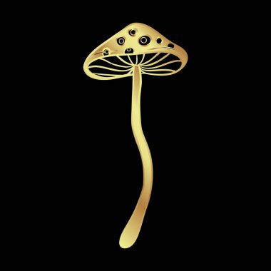 Magic mushrooms. Psychedelic hallucination. Gold vector illustration isolated on black. 60s hippie art. Coloring book for kids and adults.