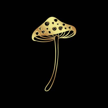 Magic mushrooms. Psychedelic hallucination. Gold vector illustration isolated on black. 60s hippie art. Coloring book for kids and adults.