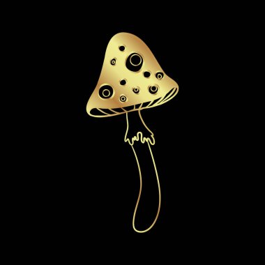 Magic mushrooms. Psychedelic hallucination. Gold vector illustration isolated on black. 60s hippie art. Coloring book for kids and adults.