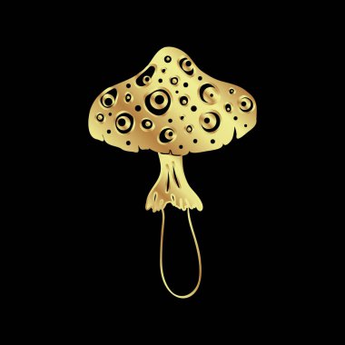 Magic mushrooms. Psychedelic hallucination. Gold vector illustration isolated on black. 60s hippie art. Coloring book for kids and adults.