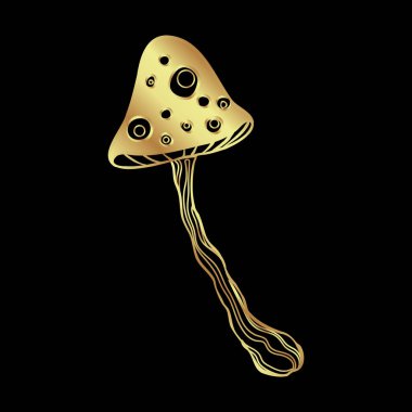 Magic mushrooms. Psychedelic hallucination. Gold vector illustration isolated on black. 60s hippie art. Coloring book for kids and adults.