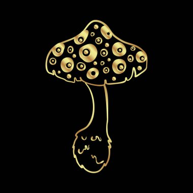 Magic mushrooms. Psychedelic hallucination. Gold vector illustration isolated on black. 60s hippie art. Coloring book for kids and adults.