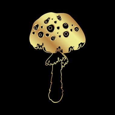 Magic mushrooms. Psychedelic hallucination. Gold vector illustration isolated on black. 60s hippie art. Coloring book for kids and adults.
