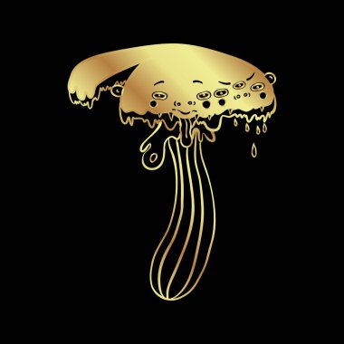 Magic mushrooms. Psychedelic hallucination. Gold vector illustration isolated on black. 60s hippie art. Coloring book for kids and adults.
