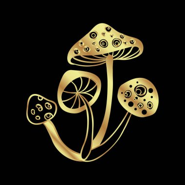 Magic mushrooms. Psychedelic hallucination. Gold vector illustration isolated on black. 60s hippie art. Coloring book for kids and adults.