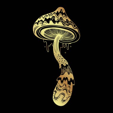 Magic mushrooms. Psychedelic hallucination. Gold vector illustration isolated on black. 60s hippie art. Coloring book for kids and adults.