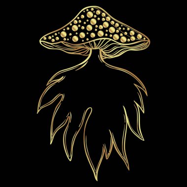 Magic mushrooms. Psychedelic hallucination. Gold vector illustration isolated on black. 60s hippie art. Coloring book for kids and adults.