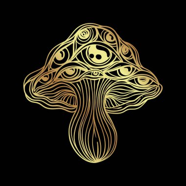 Magic mushrooms. Psychedelic hallucination. Gold vector illustration isolated on black. 60s hippie art. Coloring book for kids and adults.