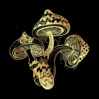 Magic mushrooms. Psychedelic hallucination. Gold vector illustration isolated on black. 60s hippie art. Coloring book for kids and adults.