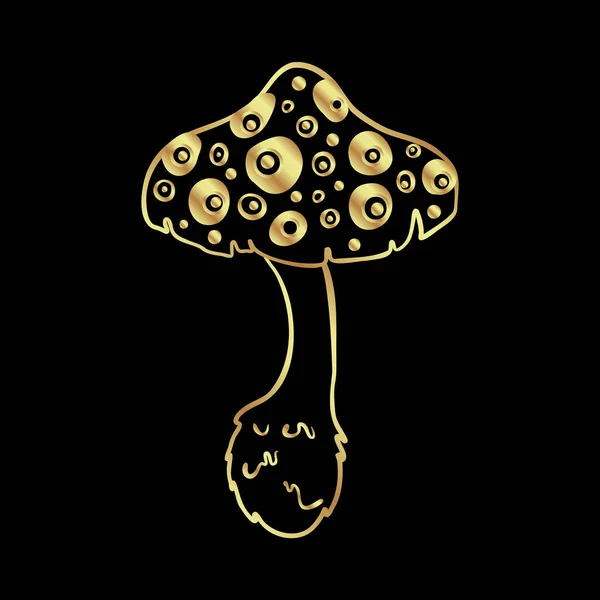 Magic Mushrooms Psychedelic Hallucination Gold Vector Illustration Isolated Black 60S — Vetor de Stock