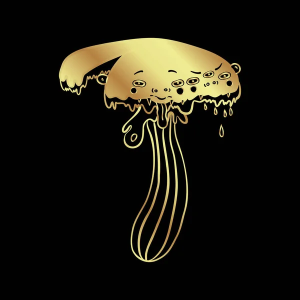 Magic Mushrooms Psychedelic Hallucination Gold Vector Illustration Isolated Black 60S — Vettoriale Stock