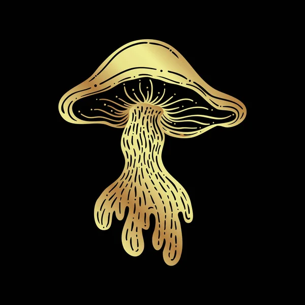 Magic Mushrooms Psychedelic Hallucination Gold Vector Illustration Isolated Black 60S — Stockvektor