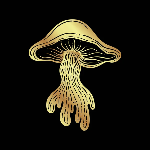 Magic mushrooms. Psychedelic hallucination. Gold vector illustration isolated on black. 60s hippie art. Coloring book for kids and adults.