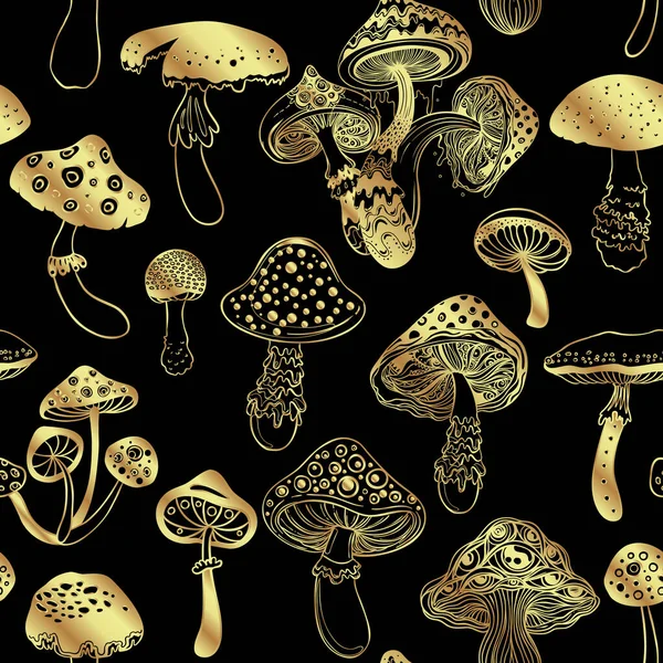 Magic Mushrooms Golden Seamless Pattern Psychedelic Hallucination 60S Hippie Colorful — ストックベクタ