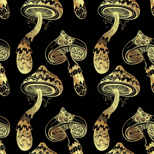 Чарівні Гриби Золотистий Безшовний Візерунок Психоделічна Галюцинація Хіпі Різнокольорове Мистецтво — стоковий вектор