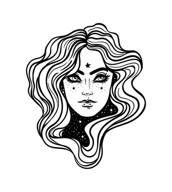 Young beautiful witch. Mystic character. Alchemy, spirituality, occultism, tattoo art. Isolated black and white vector illustration. Halloween concept. Wiccan woman.