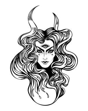 Young beautiful witch. Mystic character. Alchemy, spirituality, occultism, tattoo art. Isolated black and white vector illustration. Halloween concept. Wiccan woman.