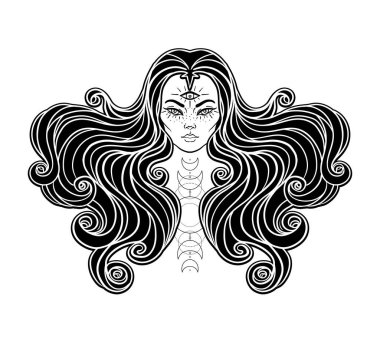 Young beautiful witch. Mystic character. Alchemy, spirituality, occultism, tattoo art. Isolated black and white vector illustration. Halloween concept. Wiccan woman.
