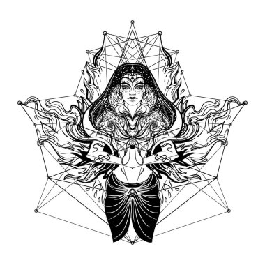 Young beautiful witch. Mystic character. Alchemy, spirituality, occultism, tattoo art. Isolated black and white vector illustration. Halloween concept. Wiccan woman.