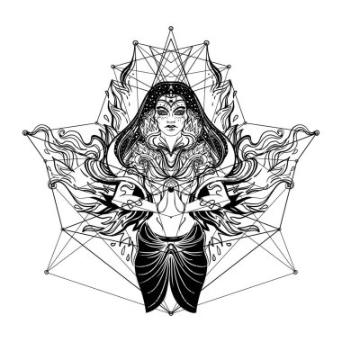 Young beautiful witch. Mystic character. Alchemy, spirituality, occultism, tattoo art. Isolated black and white vector illustration. Halloween concept. Wiccan woman. clipart