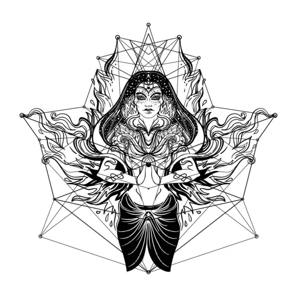 Young Beautiful Witch Mystic Character Alchemy Spirituality Occultism Tattoo Art — Vetor de Stock