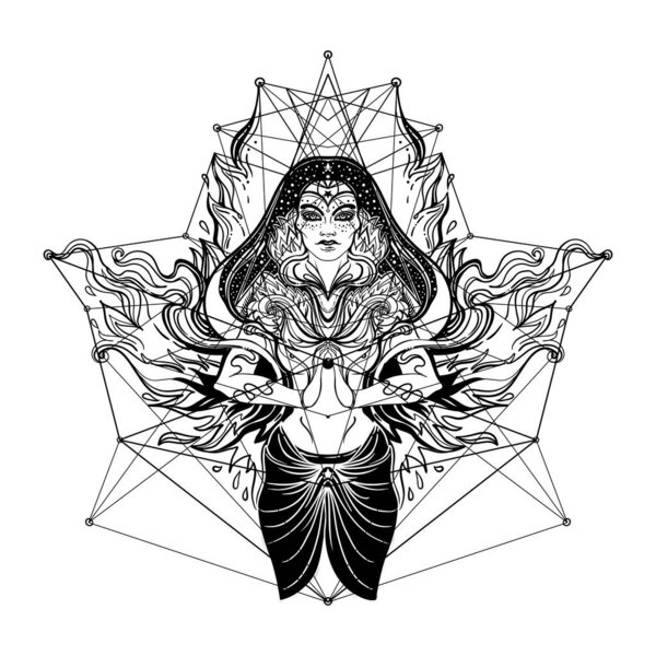Young beautiful witch. Mystic character. Alchemy, spirituality, occultism, tattoo art. Isolated black and white vector illustration. Halloween concept. Wiccan woman.
