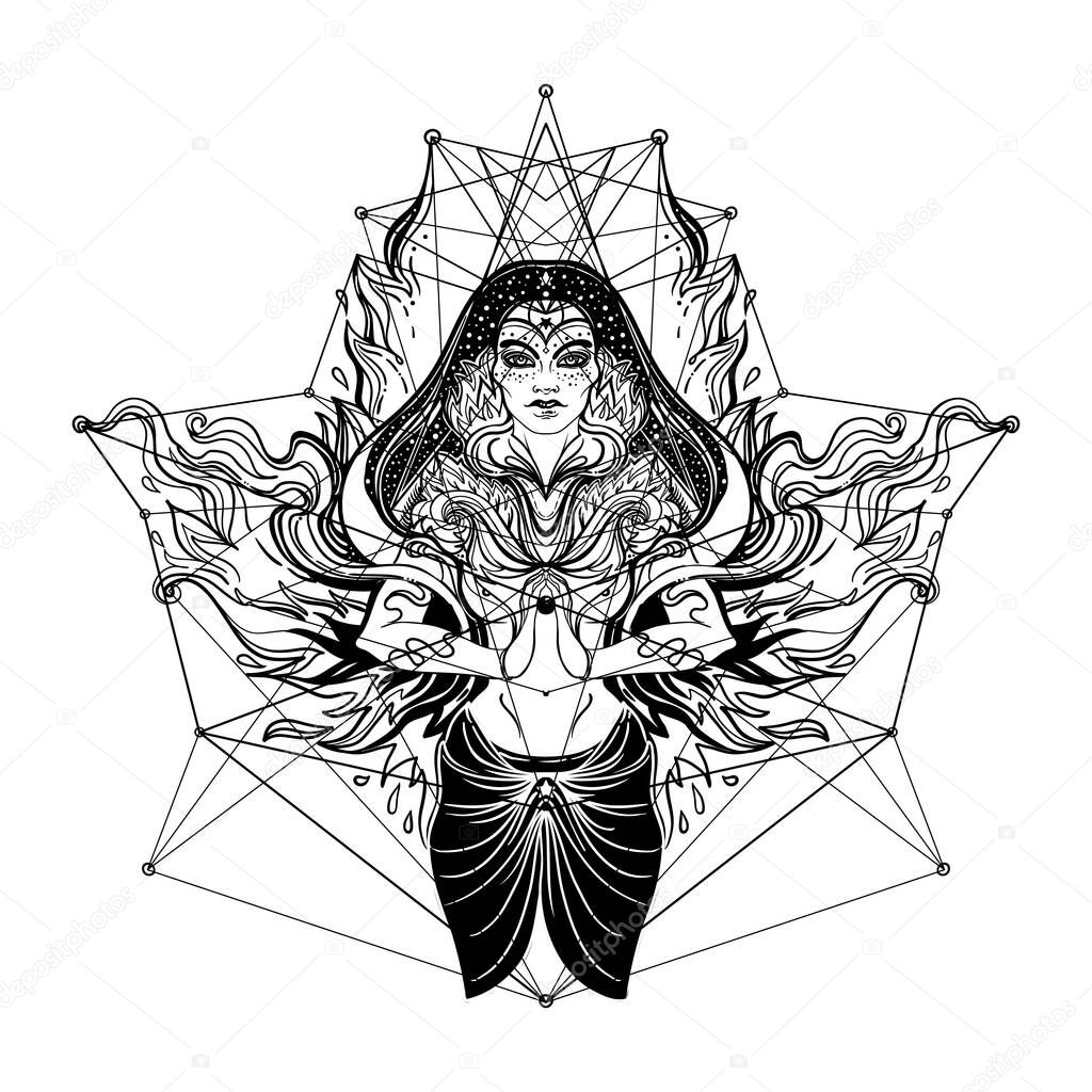 Young beautiful witch. Mystic character. Alchemy, spirituality, occultism, tattoo art. Isolated black and white vector illustration. Halloween concept. Wiccan woman.