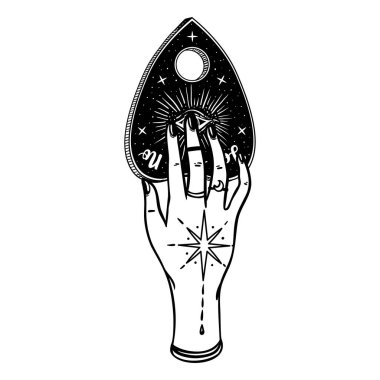 Ouija planchette for spirit talking board in fortune teller hands with tattoo. Astrology, witchcraft, book of spells. Hand drawn art, vector illustration isolated on white background.
