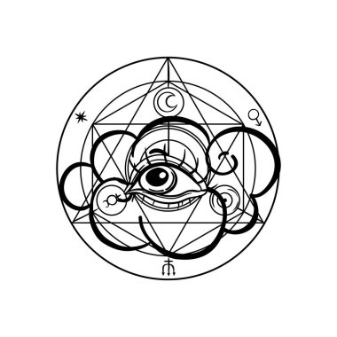 Crescent moon, all seeing eye, lightning bolts over ornate cloud and sacred geometry. Tattoo style. Vector illustration in outlines isolated on white.