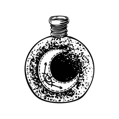 Magic potion black bottle jar set with crescent moon and glowing stars inside. Greeting Card. Vector illustration isolated on white. Alchemy concept.