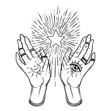 Witch hands open with magic star. Alchemy, spirituality, occultism, tattoo art. Isolated black and white vector illustration. Halloween concept. Wiccan magic.