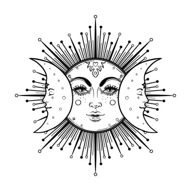 Sun and Triple moon pagan Wicca moon goddess symbol. Three-faced Goddess Maiden - Mother -Crone isolated vector illustration. Tattoo, astrology, alchemy, boho and magic symbol. Coloring book.