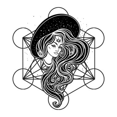 Young beautiful witch. Mystic character. Alchemy, spirituality, occultism, tattoo art. Isolated black and white vector illustration. Halloween concept. Wiccan woman.
